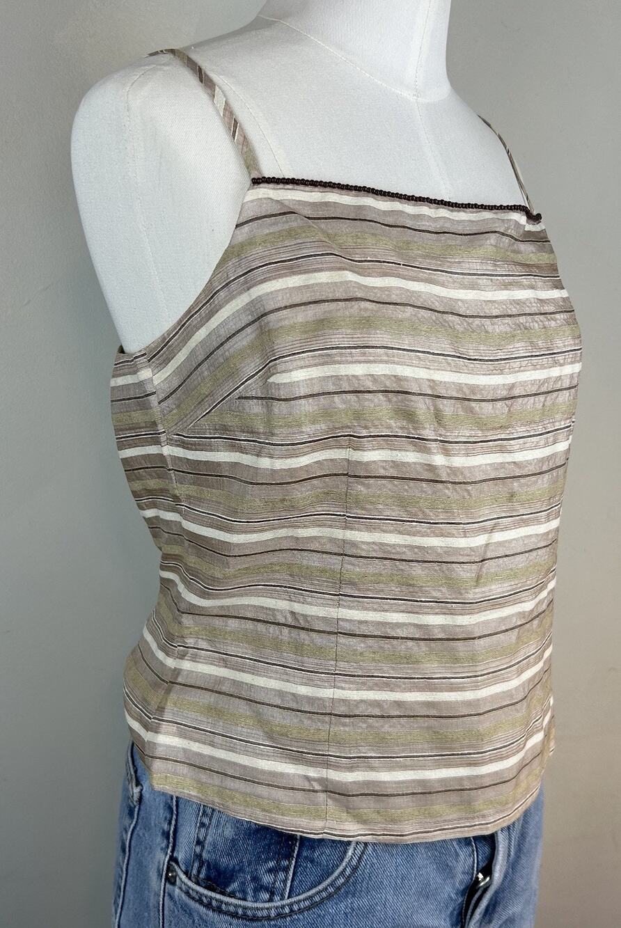 VTG Women's Ann Taylor Silk Crop Tank Top Sz 10 Neutral Y2K Boxy Striped Beaded